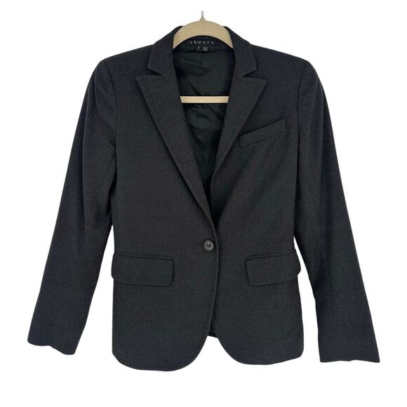 Theory Wool Blazer Charcoal Gray Single Breast Long Sleeve Work Office Size 2 - Picture 1 of 14